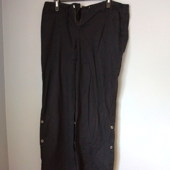 Black Long Convertable Capris Pants Travel /Outdoor Gear 4 pockets Tie waist - Picture 1 of 7